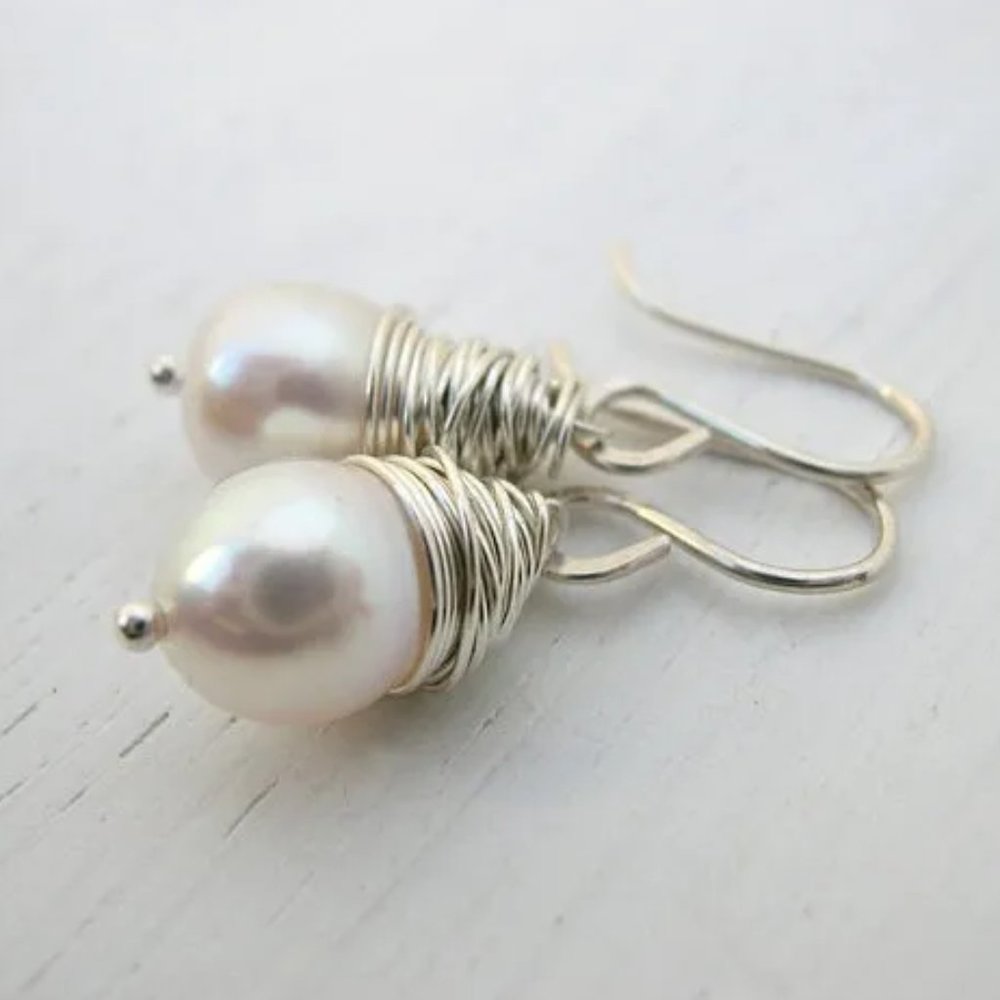 Sundance Pearl Teardrop w/ Silver trim French wire earrings